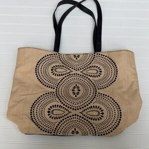 Beige and Black Patterned Tote Bag with Sturdy Black Handles